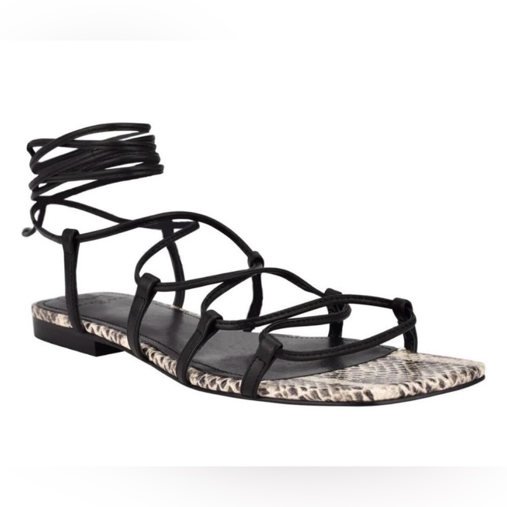 Marc Fisher Black Lace-Up Gladiator Sandal with Snake-Print Footbed